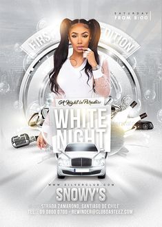 white night flyer template with an image of a woman in front of a car and the words snow's on it