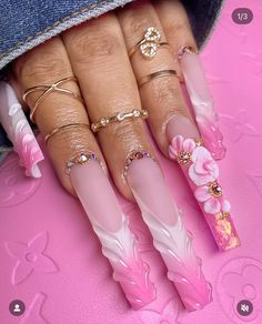 Acrylic Frenchies, White Cotton Candy, Coffin Tips, Candy Strawberry, Bubble Nails, Quinceanera Nails, Long Nail Designs, Vibe Video, Dope Nail Designs