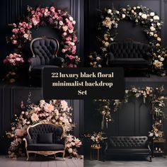 the black floral minimalist backdrop set includes two couches, a chair and flowers