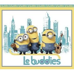 three minion characters are standing in front of a cityscape with the words le buddies