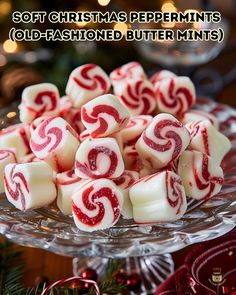 christmas peppermints on a glass platter with candy canes