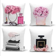 four decorative pillows with pink flowers and perfume bottles on them, each decorated with different designs