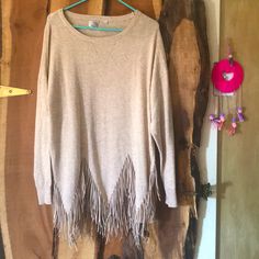 Gorgeous Soft Angora Blend Knit Tunic Sweater Top With Leather Chevron Fringe At Front Hem. Dainty Knit In Oversized Glory, New Without Tags Condition. Absolutely Flawless With No Signs Of Wash Wear. Size Large By Zero Degrees Celsius. Lovely Creamy Tan Color. Fall Beige Fringe Top, Zero Degrees, Knit Tunic, Tunic Sweater, Tan Color, Sweater Top, Scoop Neck, Sweaters For Women, Cream