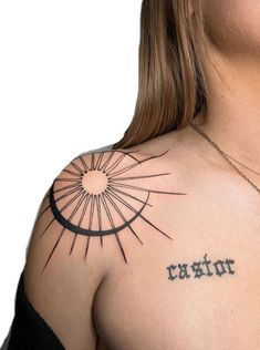 Shoulder Tattoos Mandala, Tattoo On Deltoid, Sun And Moon Tattoos Seperate, Shoulder Sun Tattoo, Sun Tattoo Shoulder, Moon Shoulder Tattoo, Sun Shoulder Tattoo, Sun Tattoo Ideas, Sun Minimalist