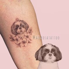 a small dog and flower tattoo on the right leg, next to an image of a puppy