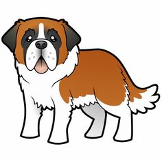 a brown and white dog standing next to the words saint bernard on it's chest