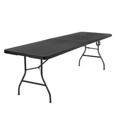 a black rectangular folding table on a white background with clippings to the side