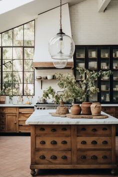 a kitchen with wooden cabinets and an island in front of the window, surrounded by potted plants