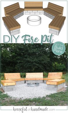 the diy fire pit is built into an outdoor seating area with benches around it