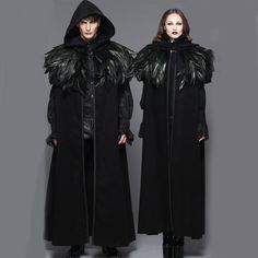 Description:Perfect cape for a gothic gathering that covers you perfectly from head to toe keeping the mystery alive. The loose cloak has a deep hood and a monk's collar trimmed with black raven feathers. The front opening has corded edging to give it a rich feel and closes at the throat with an elaborate clasp. This is the perfect theatre costume for a dark drama!? 
 
Material:Polyester;Viscose 
Color:Black 
Style:Punk 
Size:S-M Embroidery Goth, Long Hooded Cloak, Raven Costume, Wings Feathers, Long Cloak, Gothic Party, Game Of Throne, Raven Feather, Feather Coat