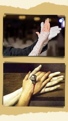 two pictures of hands with wedding rings and lace on them, one is holding the other's hand