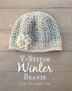 the v - stitch winter beanie crochet pattern is shown with text overlay