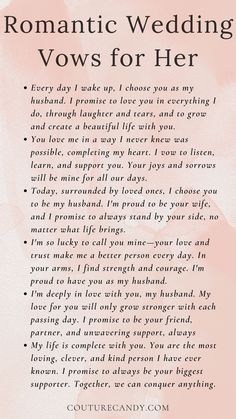 a poem written in black and white with the words romantic wedding vows for her on it