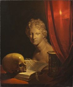 a painting of a woman with a skull next to a book and a candle on a table