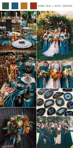 the color palette is teal, rust orange and blue with an assortment of flowers