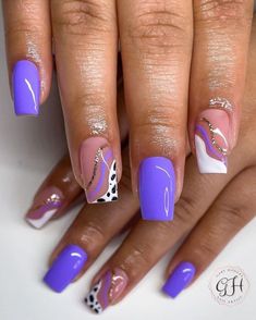 Colourful Nails Short, Short Acrylic Nails Purple Design, Purple Nails Short Design, May Nails Short, Wow Nails Designs, Foil Design Nails, Swag Nails Short, Colourful Nail Designs, Short Purple Nail Designs