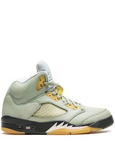 Green leather Air Jordan 5 Retro "Jade Horizon" sneakers from JORDAN featuring signature Jumpman motif, contrasting panel detail, round toe, front lace-up fastening, ankle-length, branded insole and rubber sole. These styles are supplied by a premium sneaker marketplace. Stocking only the most sought-after footwear, they source and curate some of the most hard to find sneakers from around the world.. | Jordan Air 5 Retro "Jade Horizon" sneakers Air Jordan 5 Retro Outfits, Jade Horizon 5s, Jordan 5 Jade Horizon, Gentlemen Wear, Jordan 5 Retro, Air Jordan 5 Retro, Jordan Air, Mens Designer Shoes, Air Jordan 5