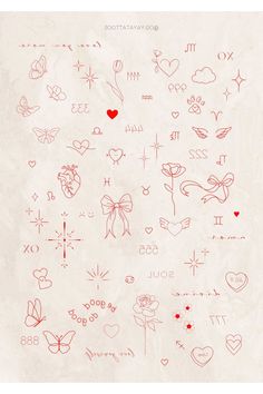 the back side of a piece of paper with drawings on it and hearts, flowers, arrows