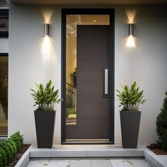 two planters are on the front steps of a house