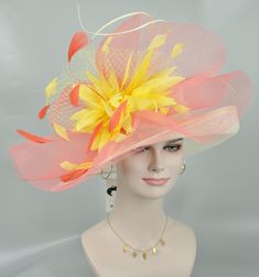 IF YOU LIKE THE DESIGN, JUST WANT TO ADD SOME COLORS TO MATCH YOUR DRESS, PLEASE FEEL FREE TO CONTACT ME, I WILL HELP YOU. 100% Sinamay, light and comfortable *Wide brim measure Appr17 inches (from the right side to the left side) *The crown is decorated with feather flower, netting bows and curl ostrich quills, very beautiful!! *Head girth is 22.5 inches; adjustable string inside can give you the best fit. . 18 colors feather flowers available, if you want to change the flowers color to match y Summer Wedding Ostrich Feather Fascinator, Elegant Ostrich Feather Fascinator For Wedding, Elegant Ostrich Feather Hat For Spring, Fitted Wedding Hats With Feather Trim, Fitted Wedding Hat With Feather Trim, Spring Wedding Fascinator With Ostrich Feathers, Luxury Yellow Hats For Kentucky Derby, Wedding Fascinator With Ostrich Feathers, Fitted Hats For Mother Of The Bride, Spring