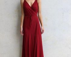 Etsy :: Your place to buy and sell all things handmade Red V-neck Maxi Dress With Tie Back, V-neck Bridesmaid Wrap Dress, Fitted V-neck Wrap Dress For Wedding Guest, Fitted Wrap Dress With Tie Back, Flowy Bridesmaid Wrap Dress With Surplice Neckline, Fitted Wrap Dress With Surplice Neckline For Bridesmaids, V-neck Sundress For Bridesmaids, Fitted Wrap Bridesmaid Dresses, Red V-neck Maxi Dress For Bridesmaid