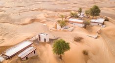 an aerial view of some houses in the middle of sand dunes with trees growing out of them