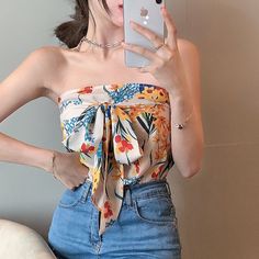 Tanks Women Summer Sexy Vintage Print Bandage Bow Strapless Tops Slim Female All-match Ol Simple Leisure Trendy Chic Short-style Strapless Bandage Crop Top For Summer, Plain Maxi Dress, Fashion Tops Blouse, Trendy Chic, Crop Top And Shorts, Spring Outfits Women, Strapless Tops, Floral Short, Ladies Tops Fashion