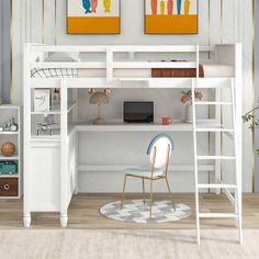 a white loft bed with desk and chair in a room that has hardwood flooring