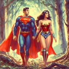 superman and wonder woman walking through the woods