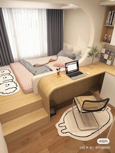 a laptop computer sitting on top of a desk next to a bed in a room