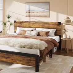 a bedroom with a bed, nightstands and pictures on the wall above it that is made out of wood