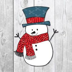 a snowman with a red hat and scarf on it's head is standing in front of a wooden fence