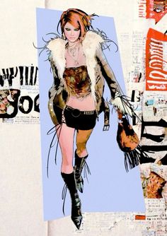 a drawing of a woman in short shorts and fur vest walking down the runway with her handbag