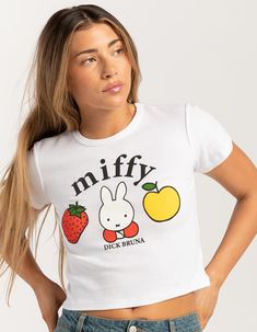 MIFFY Fruit Womens Baby Tee - CREAM | Tillys Cute Fitted Tops With Cartoon Print, Fitted Playful T-shirt With Cartoon Print, Playful Fitted Crew Neck Top, Playful Fitted Graphic Print Tops, Playful Fitted Top With Graphic Print, Cute Fitted Tops With Funny Print, Playful White Fitted Top, Playful Fitted White Top, Fitted White Fun Top