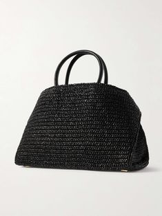 FERRAGAMO Hug medium leather-trimmed raffia tote Designer Black Straw Bag For Daily Use, Designer Black Straw Bag With Top Handle, Designer Black Rectangular Straw Bag, Designer Black Bags For Vacation, Luxury Black Straw Bag With Handles, Designer Black Straw Bag With Woven Leather, Black Straw Bag With Rolled Handles, Black Straw Travel Bag With Rolled Handles, Flat Dress Shoes