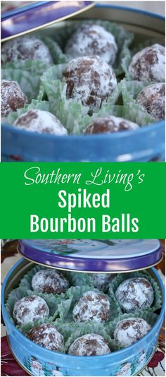 two blue dishes filled with baked desserts and the words southern living's spiked bourbon balls