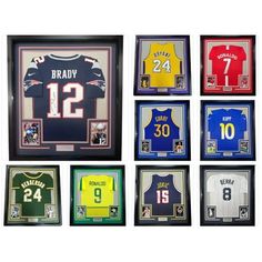 framed autographed sports memorabilia including jerseys, numbers and jerseys are on display