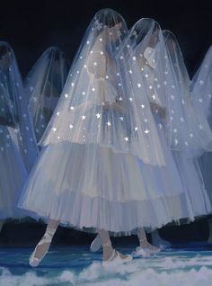 a group of women in white dresses with stars on their veils, standing next to each other