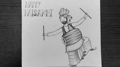 a drawing of a man holding a stick and wearing a turban on his head