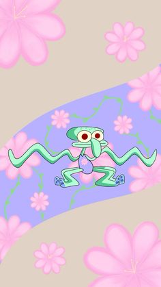 a pink and green cartoon character sitting on top of flowers