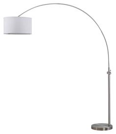 a floor lamp with a white shade on the top and an arm that is attached to it