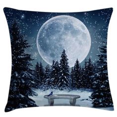 a painting of a bench in the middle of a snowy forest under a full moon