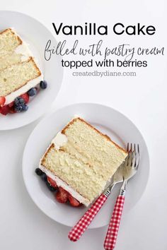 two slices of vanilla cake on plates with forks