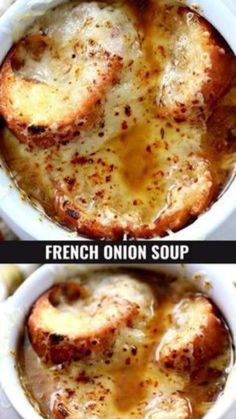 french onion soup in a white bowl with the words, how to make french onion soup