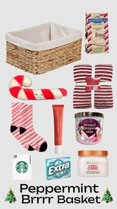 the contents of a christmas gift basket with text that says peppermint brrr basket