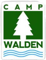 the camp walden logo is green and white with a pine tree in it's center