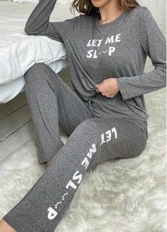 Color:Grey;Size:S;Size:M;Size:L;Size:XL;Package Contents:1xLounge Top , 1 X Pants; Winter Home Outfit, Women Slogan, Cozy Pajamas, Lounge Top, Trendy Dress, Casual Home, Loungewear Sets, Sleepwear & Loungewear, Print Pajamas