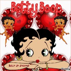 an image of a woman with hearts on her head and the words betty boo written in red