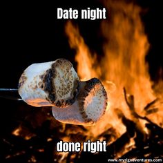 a burnt piece of food is being held by a fork with the words date night done right above it