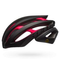 the helmet is black and red with pink accents